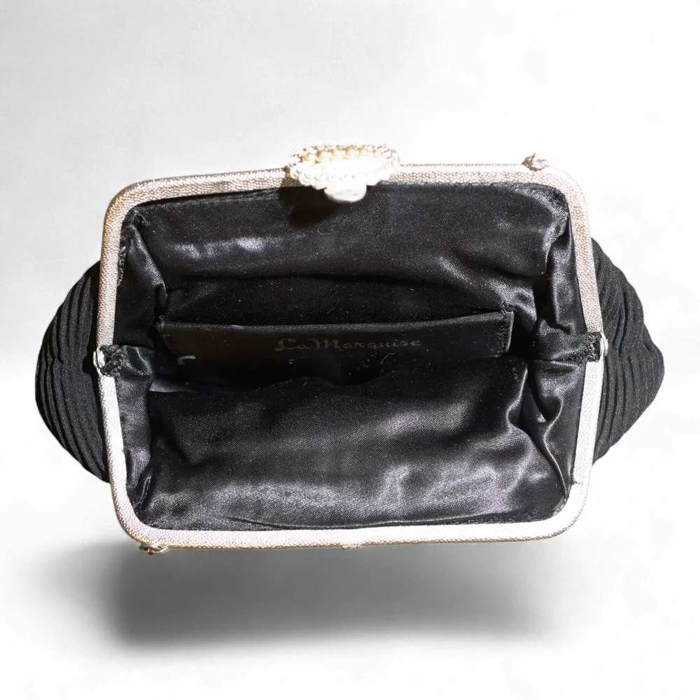 Vintage La Marquise Pleated Evening Bag Black w/ Silver Frame Kiss Lock 40s EUC